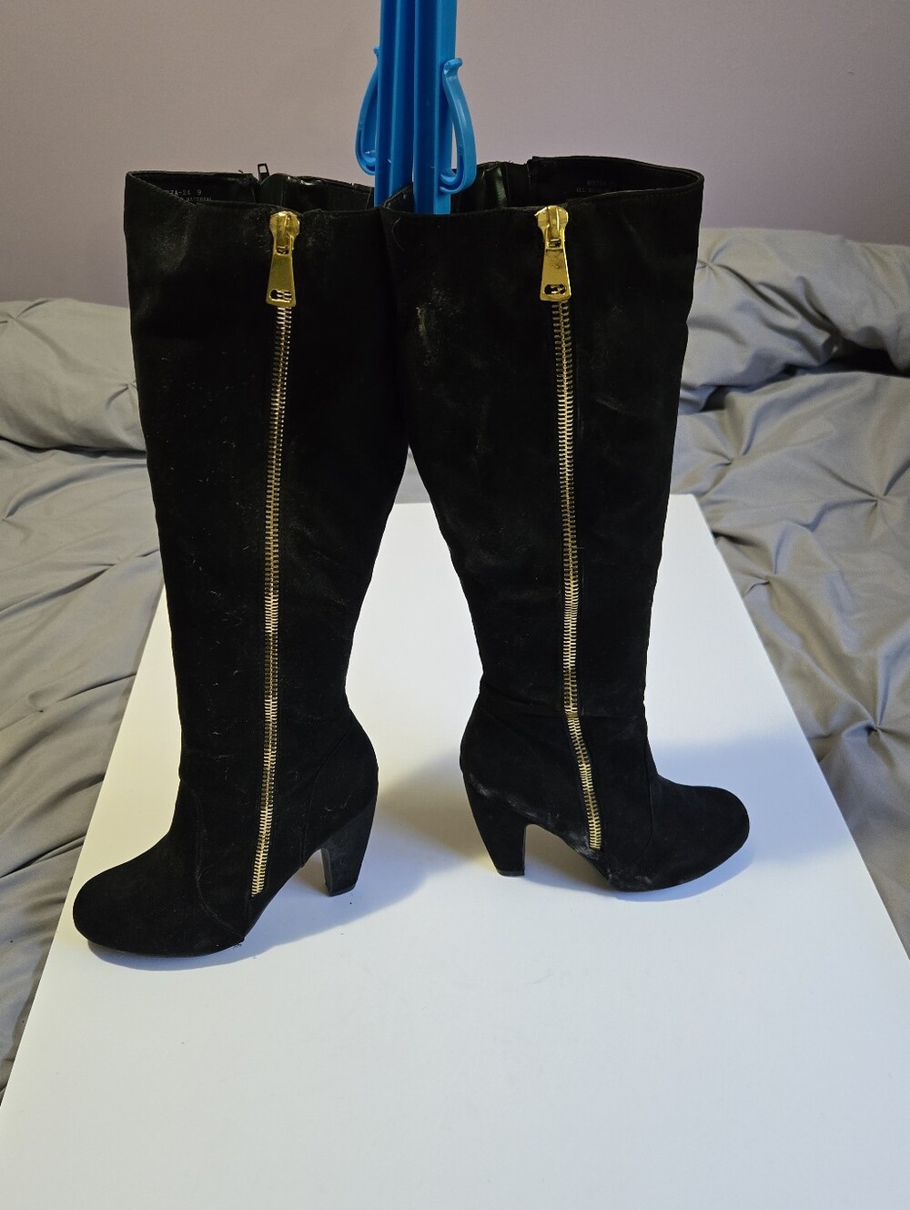 Black Suede Knee-High Zip Heeled Boots